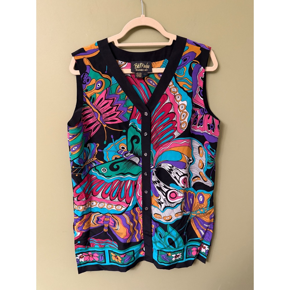 Bob Mackie Wearable Art Silk Butterfly Print Vest Top Tunic Button Front Large